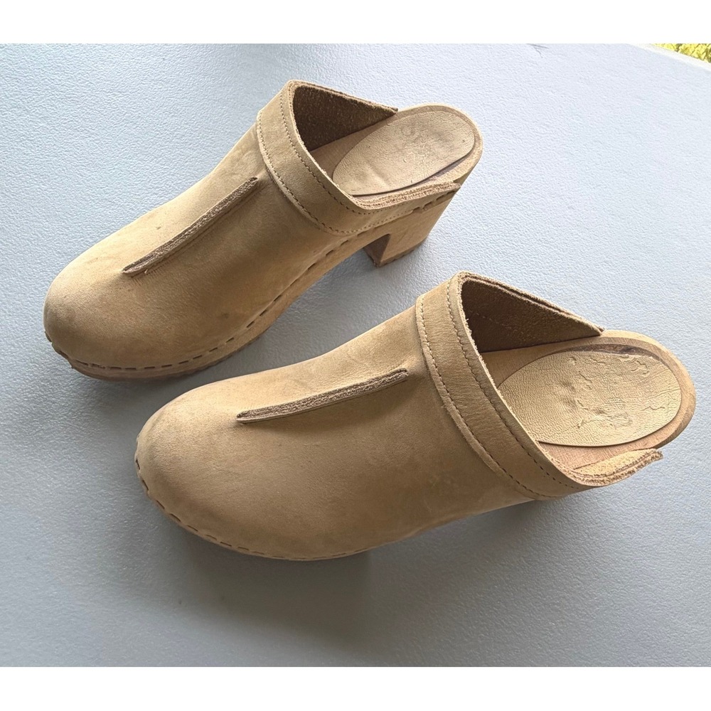 Sven Original Tan Nubuck Leather Wooden Clogs Mules Vollsjo Sole Sweden Heel 39